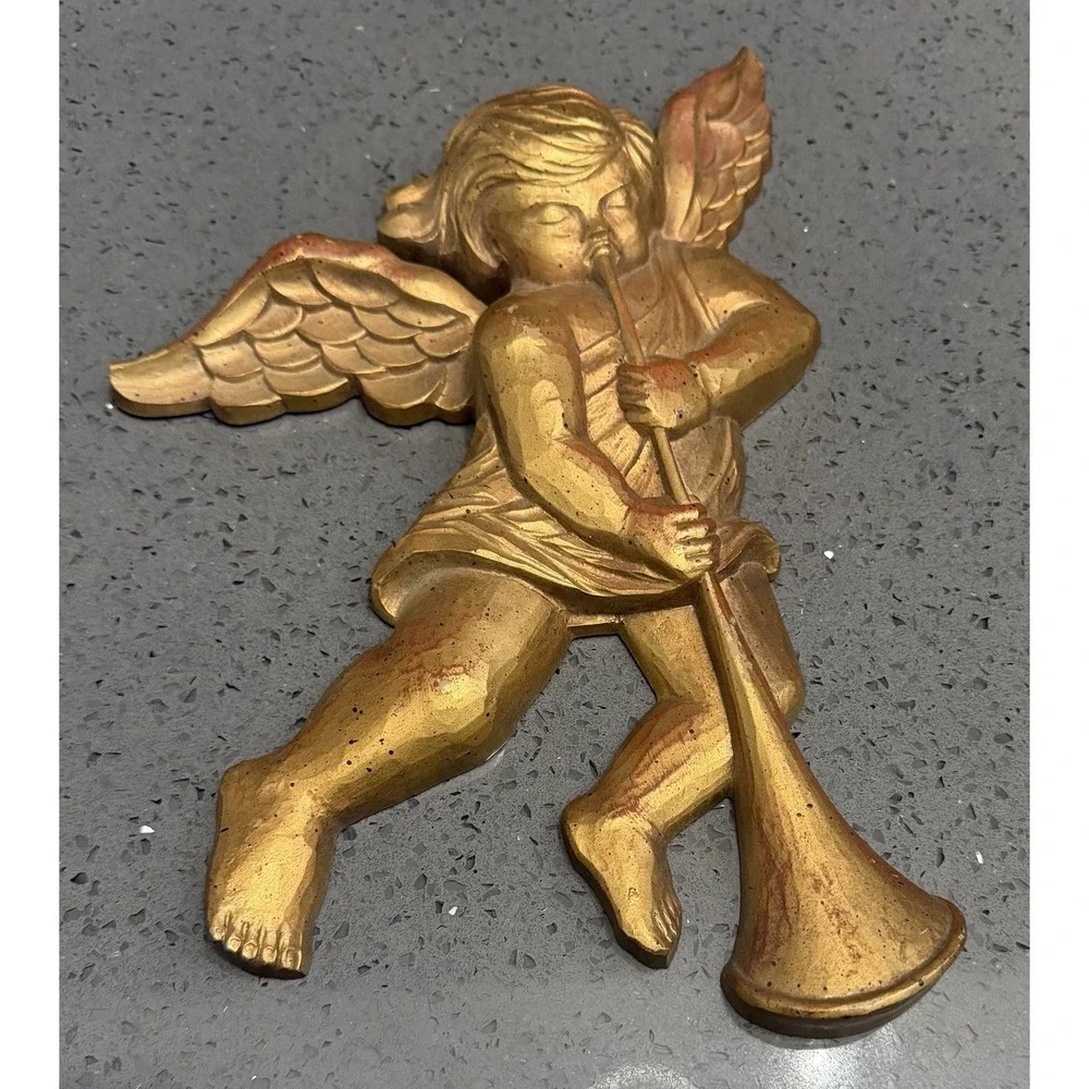 Vtg Cherubs Angels Wall Hanging Decor Gold Playing‎ Horn Set of 2